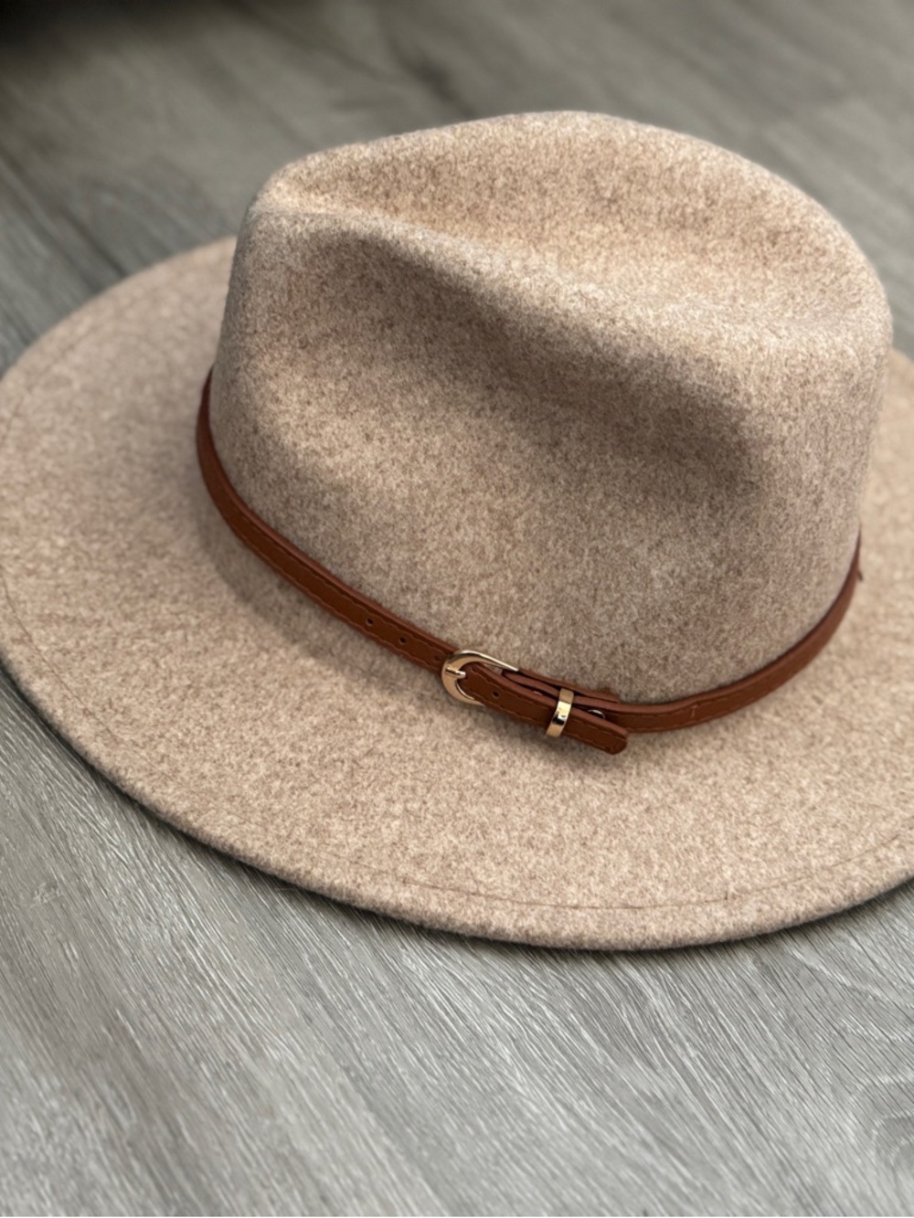 Wool Fedora Hat with Leather Band - Beige